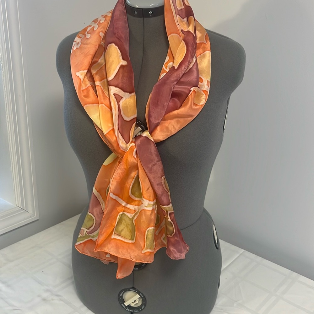 Handpainted, hand dyed habotoi silk scarf 
56”x12.